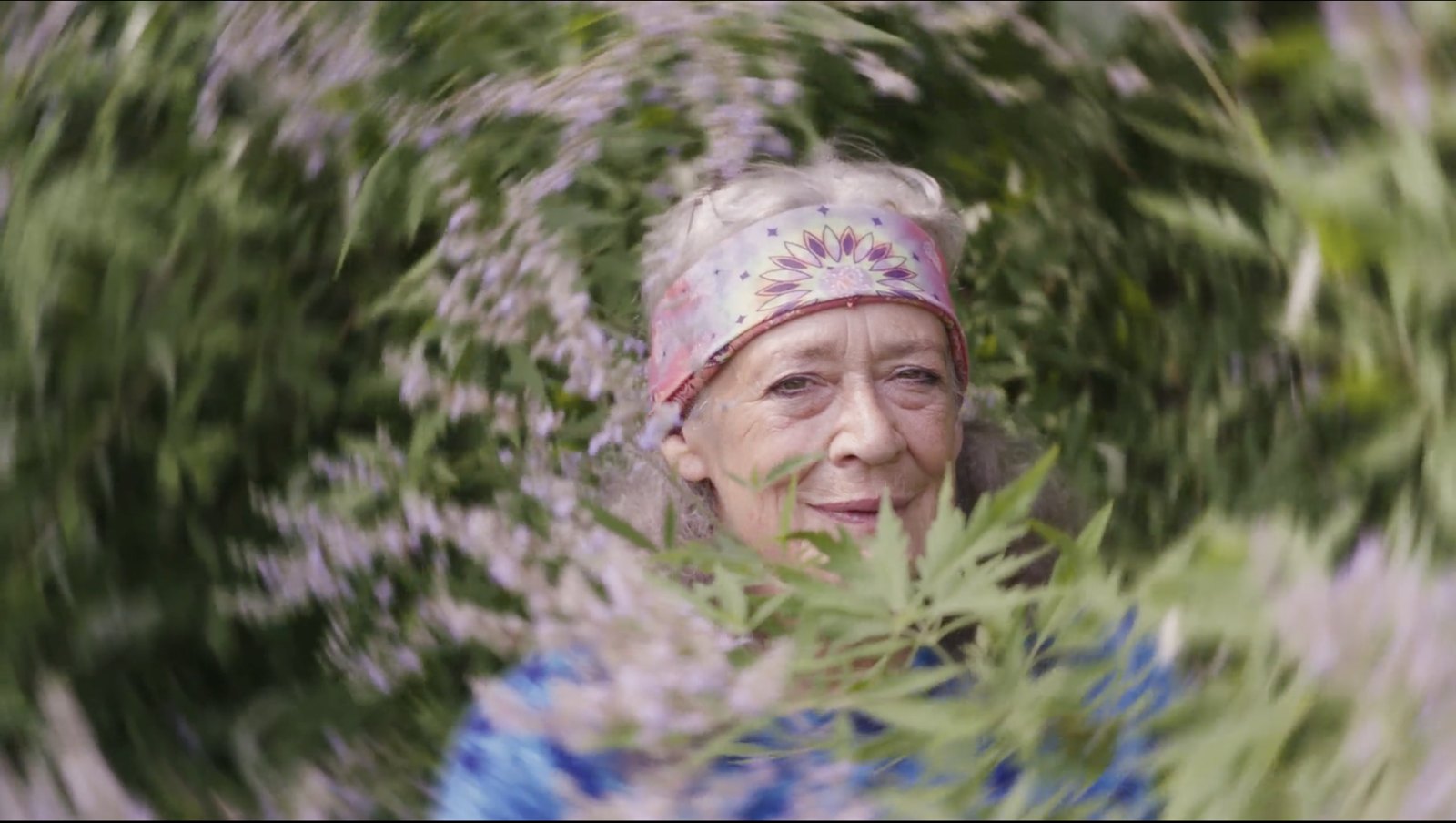 Still from the film: Susun Weed in a flowered headband, framed by a swirling blur of green leaves and lavender blossoms.